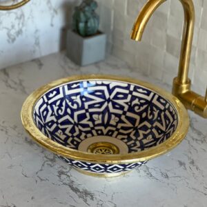 Handgefertigtes marokkanisches Keramik-Waschbecken – Rundes Design in Blau (40 cm x H 14,5 cm, 6,1 kg)