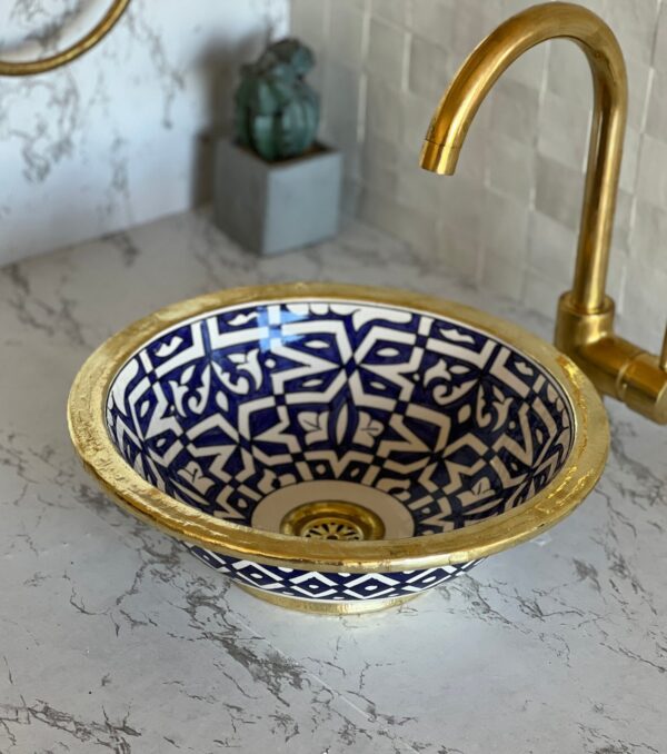 Handgefertigtes marokkanisches Keramik-Waschbecken – Rundes Design in Blau (40 cm x H 14,5 cm, 6,1 kg)